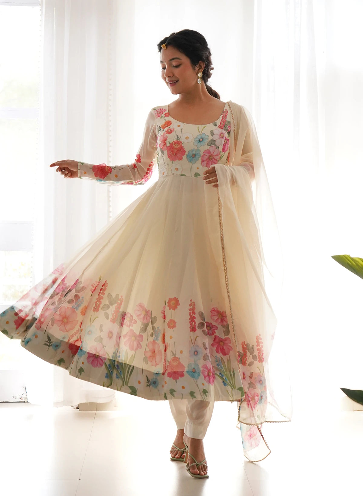 Cream Color Floral Print Organza Three Piece Anarkali Suit | Ivory Garden Luxe Anarkali – Pure Soft Tebby Organza Silk Floral Suit Set