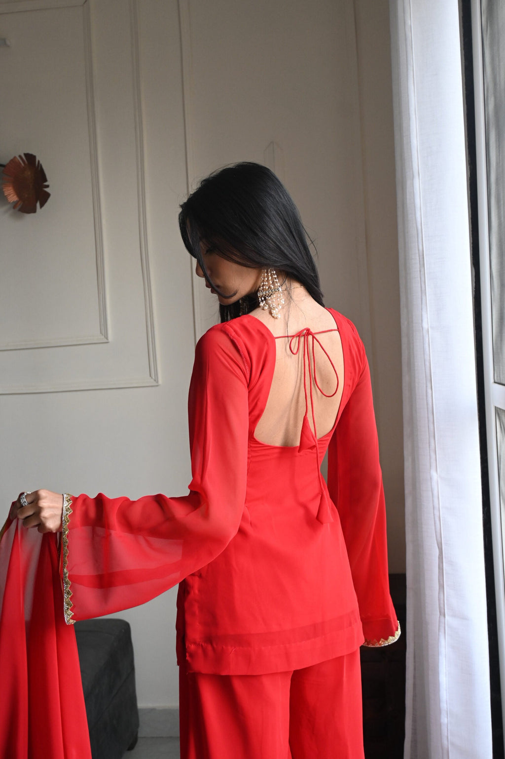 90's Style Red Handcrafted Georgette Palazzo Kurti Set | 90s Dress For Women | 90s Outfits Women
