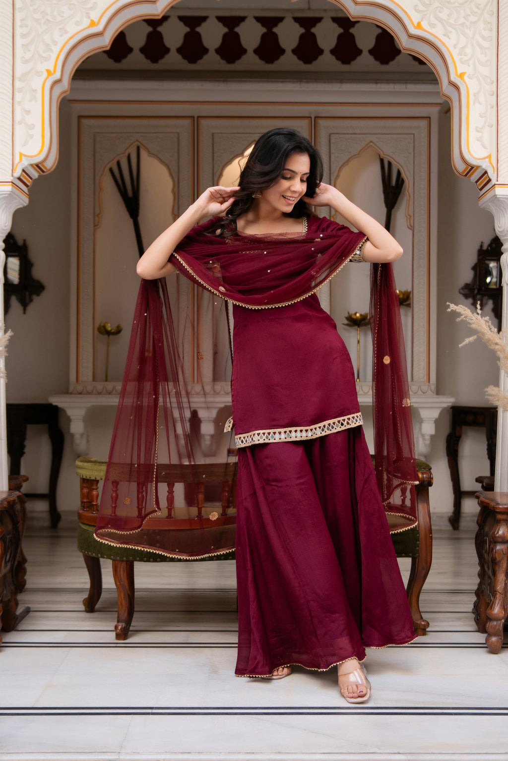 Festive Wear Wine Palazzo Suit set with Dupatta for Women | Designer Wedding & Party Wear Suit Set