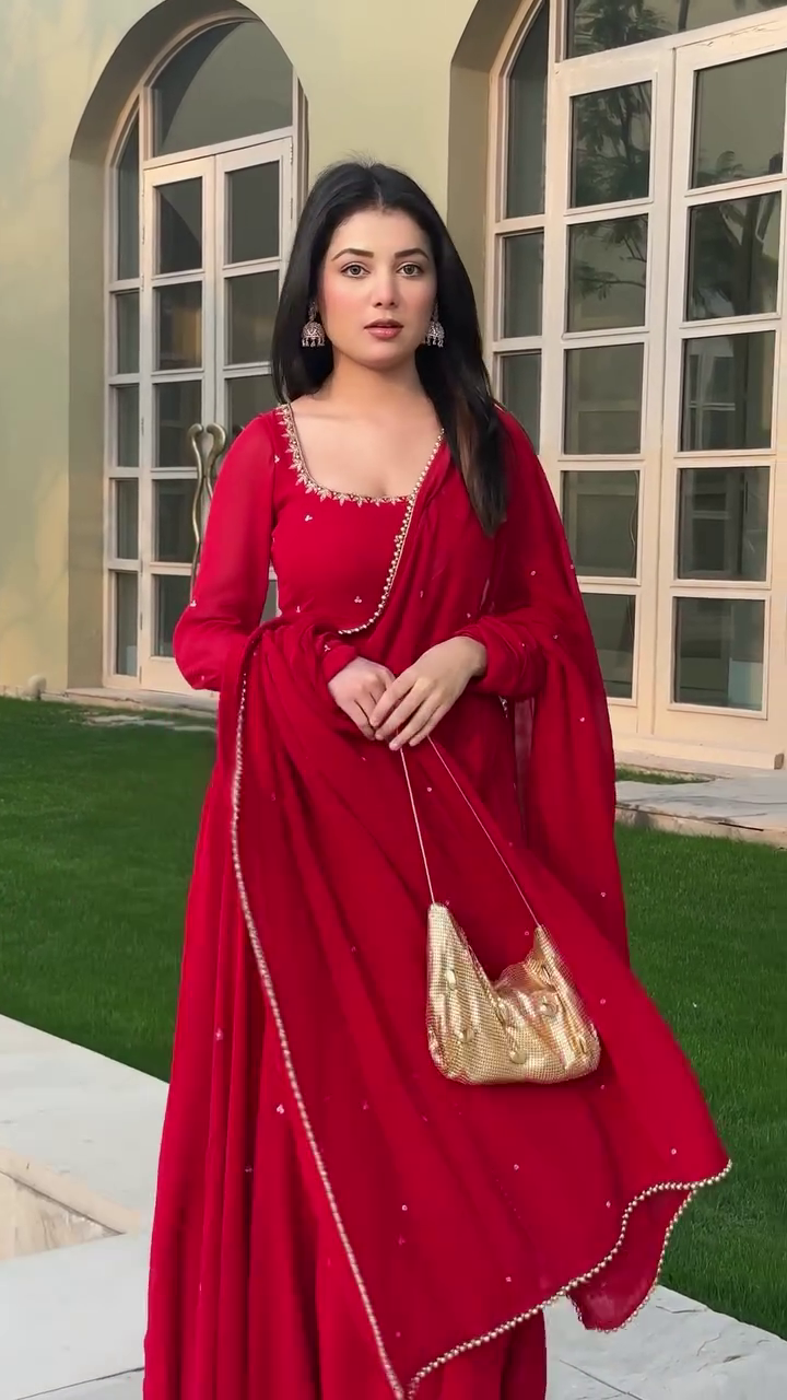 Red Heavy Georgette Handwork Anarakli Suit with Lace Dupatta & Cotton Silk Pants | Party Wear Dress For Women