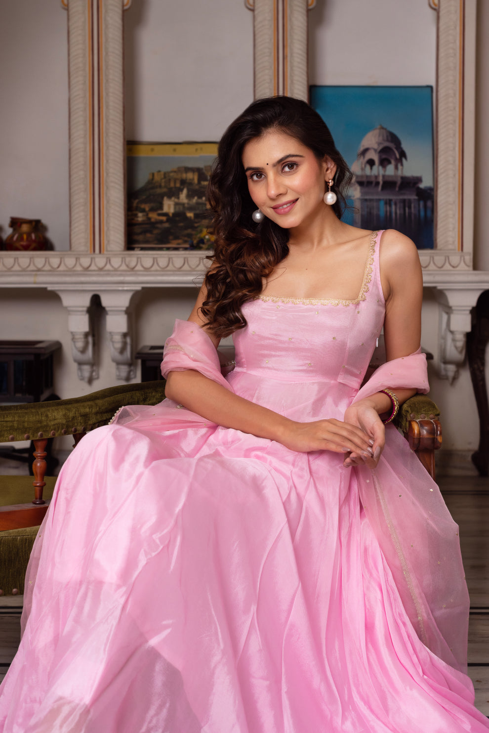 Baby Pink Georgette Anarkali Suit with Sequin Embroidery & Pearl Dupatta | Festive & Wedding Wear