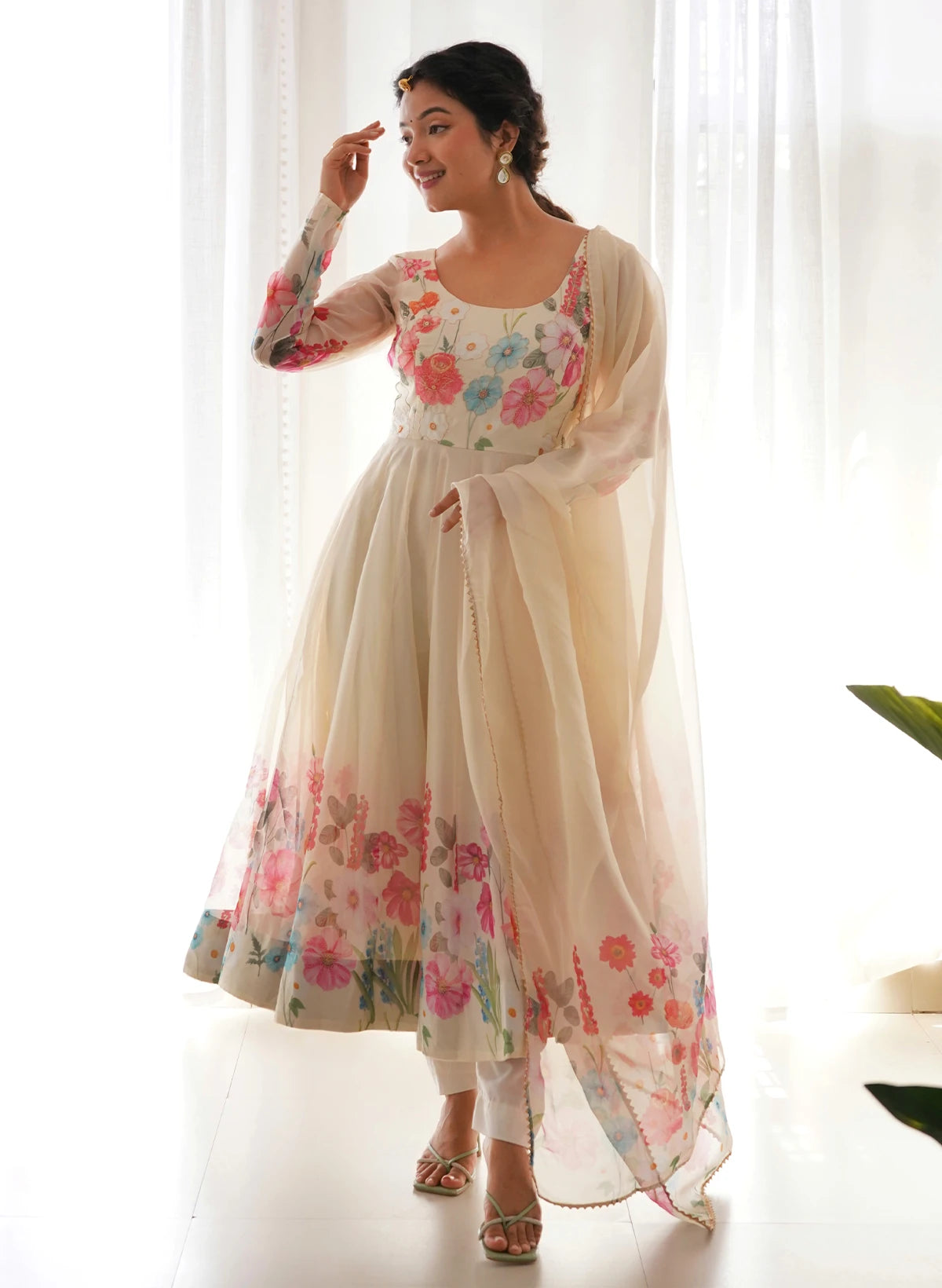 Cream Color Floral Print Organza Three Piece Anarkali Suit | Ivory Garden Luxe Anarkali – Pure Soft Tebby Organza Silk Floral Suit Set