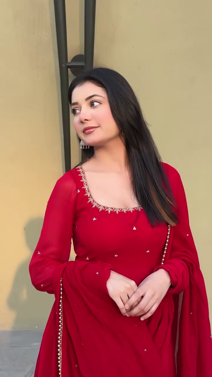 Red Heavy Georgette Handwork Anarakli Suit with Lace Dupatta & Cotton Silk Pants | Party Wear Dress For Women
