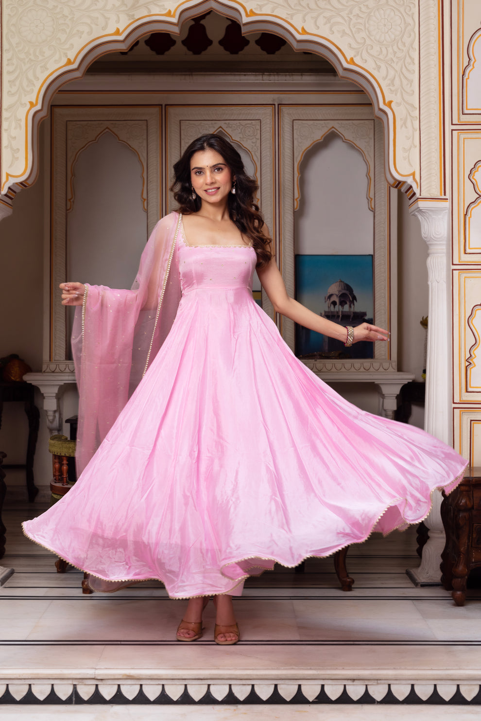 Baby Pink Georgette Anarkali Suit with Sequin Embroidery & Pearl Dupatta | Festive & Wedding Wear