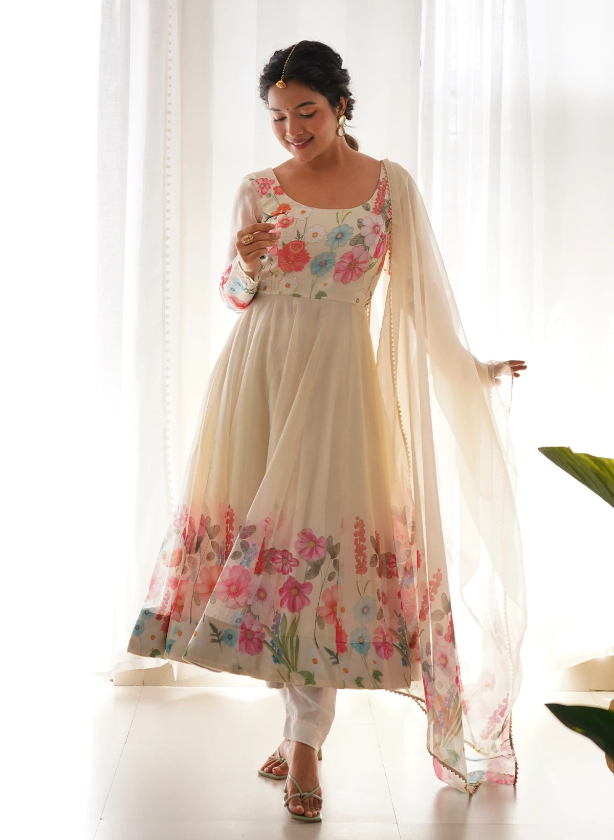 Cream Color Floral Print Organza Three Piece Anarkali Suit | Ivory Garden Luxe Anarkali – Pure Soft Tebby Organza Silk Floral Suit Set