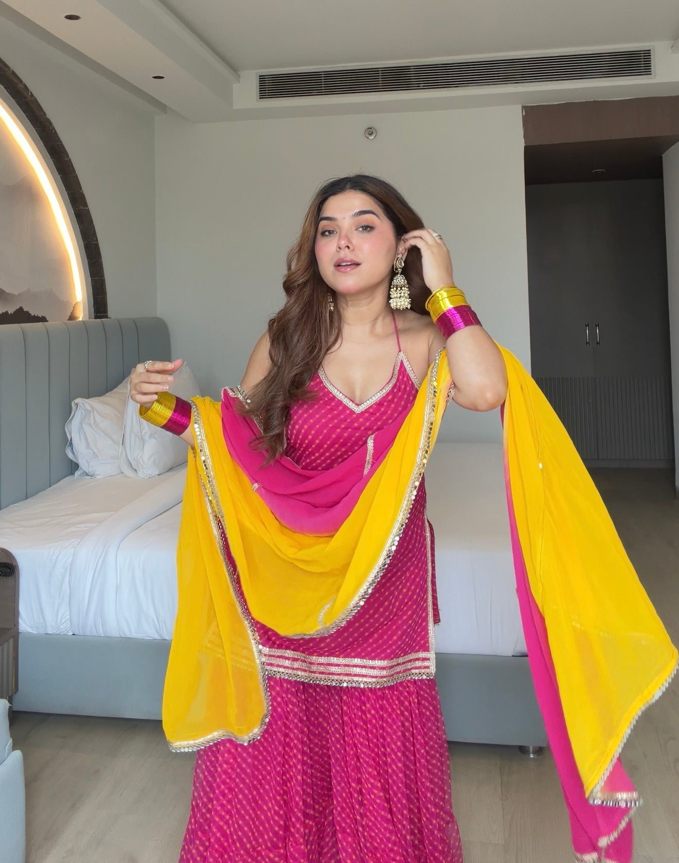 Royal Pink Bandhani Sharara Suit Set | Gulabi Yellow Bandhani Embellished Sharara Suit