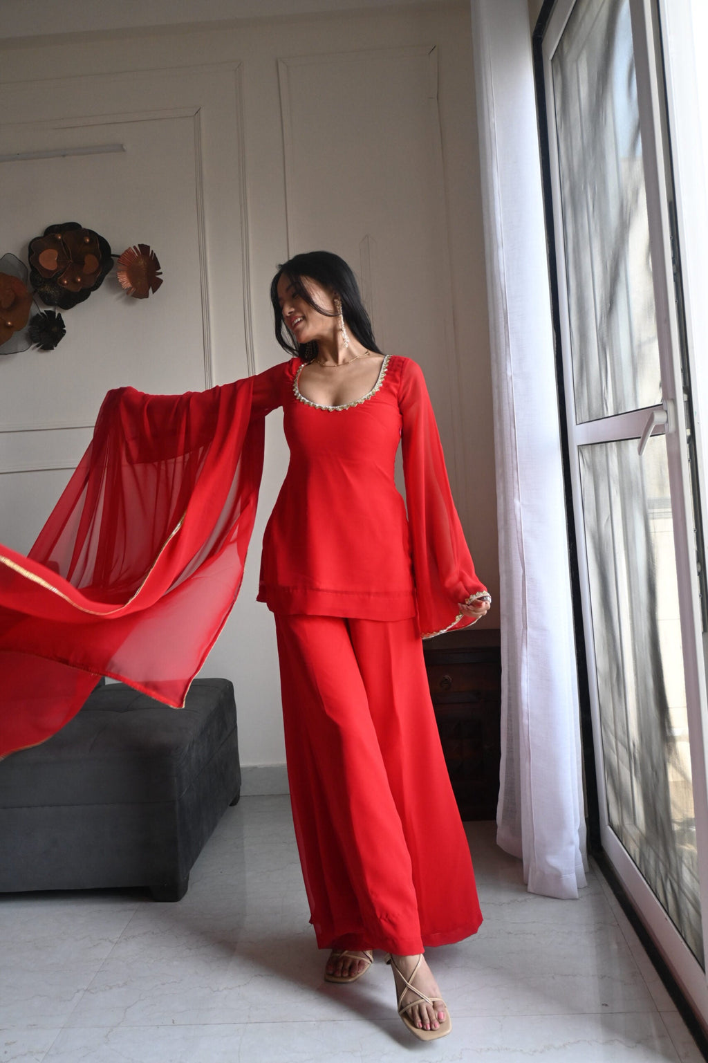 90's Style Red Handcrafted Georgette Palazzo Kurti Set | 90s Dress For Women | 90s Outfits Women