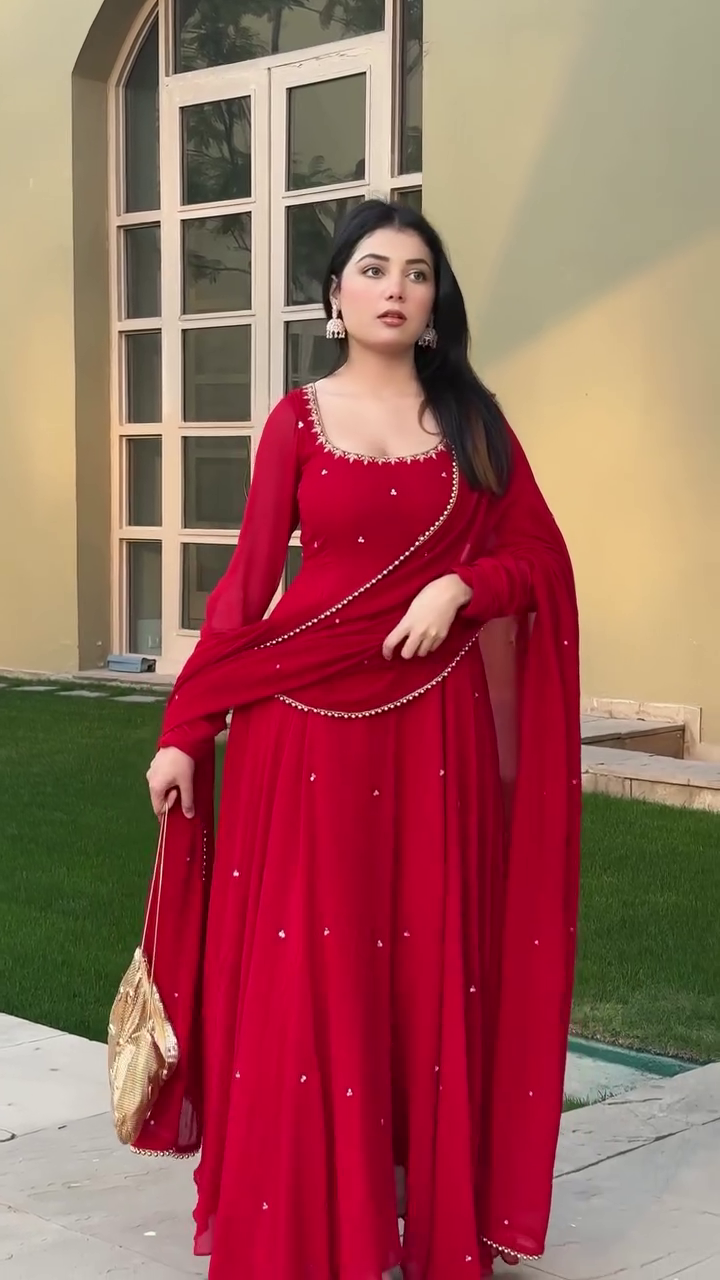 Red Heavy Georgette Handwork Anarakli Suit with Lace Dupatta & Cotton Silk Pants | Party Wear Dress For Women