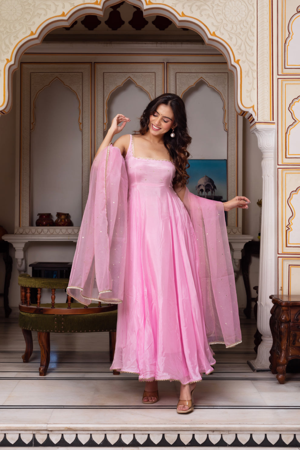 Baby Pink Georgette Anarkali Suit with Sequin Embroidery & Pearl Dupatta | Festive & Wedding Wear