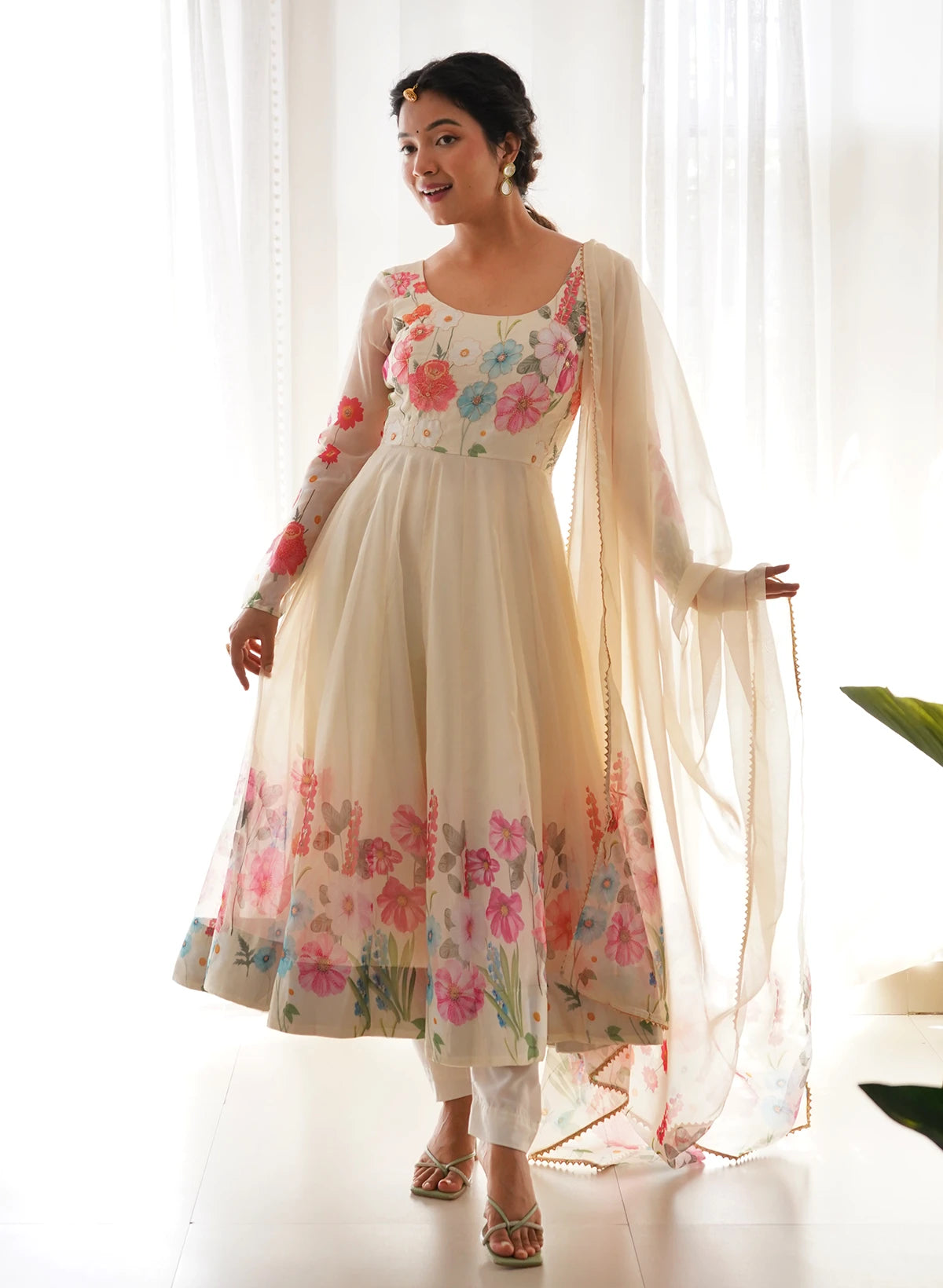 Cream Color Floral Print Organza Three Piece Anarkali Suit | Ivory Garden Luxe Anarkali – Pure Soft Tebby Organza Silk Floral Suit Set