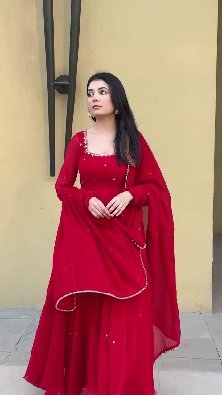 Red Heavy Georgette Handwork Anarakli Suit with Lace Dupatta & Cotton Silk Pants | Party Wear Dress For Women