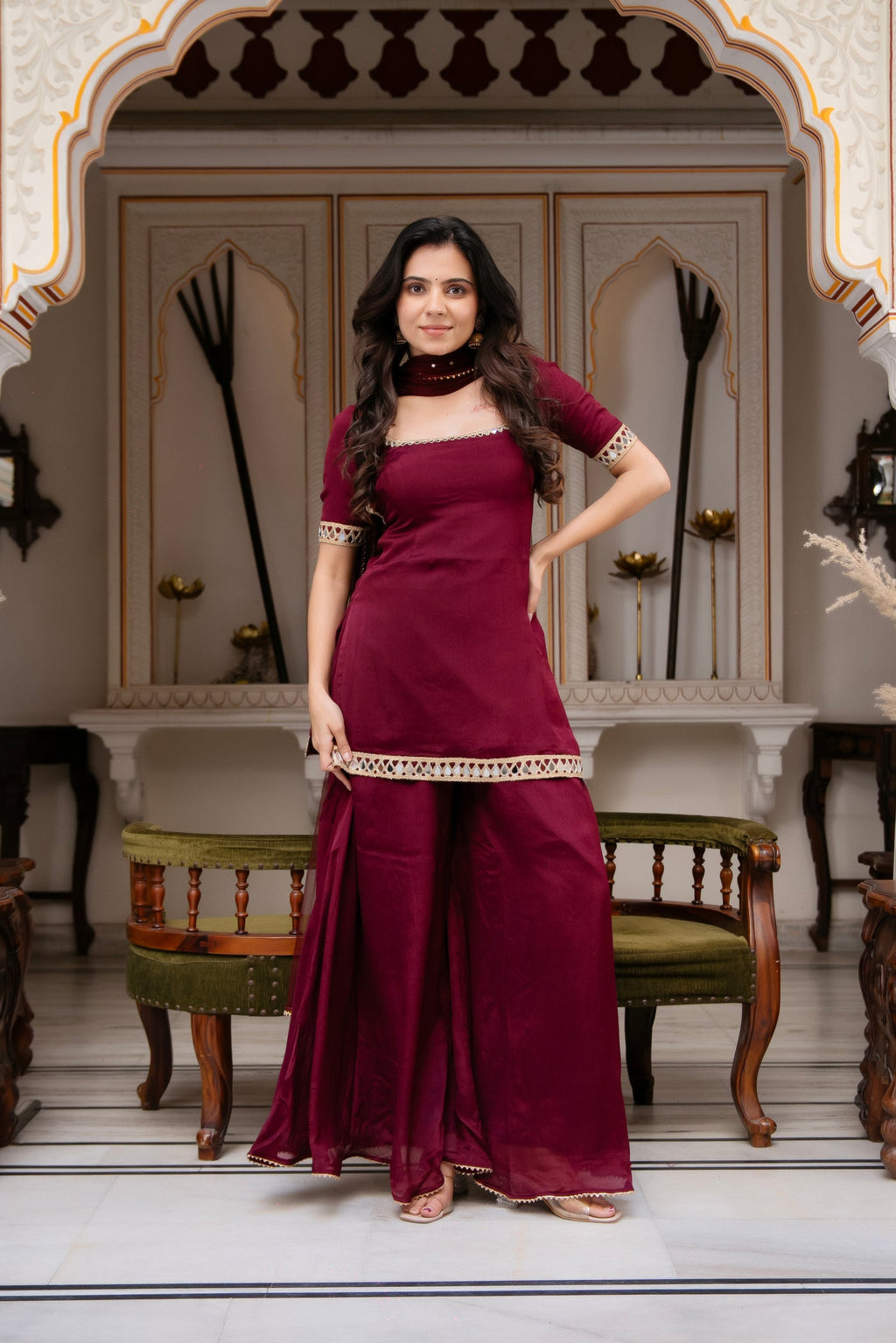 Festive Wear Wine Palazzo Suit set with Dupatta for Women | Designer Wedding & Party Wear Suit Set