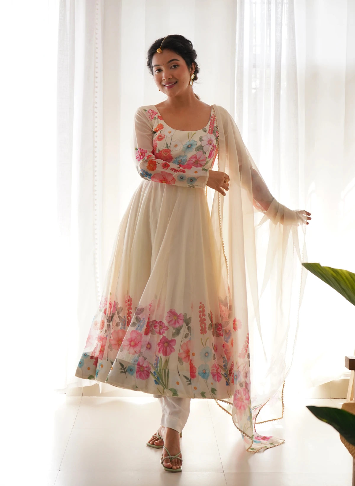 Cream Color Floral Print Organza Three Piece Anarkali Suit | Ivory Garden Luxe Anarkali – Pure Soft Tebby Organza Silk Floral Suit Set