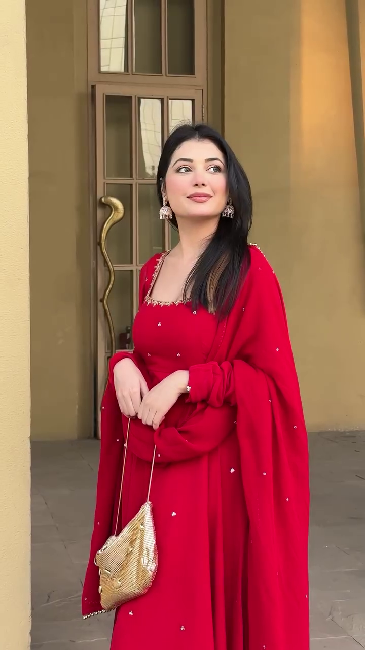 Red Heavy Georgette Handwork Anarakli Suit with Lace Dupatta & Cotton Silk Pants | Party Wear Dress For Women