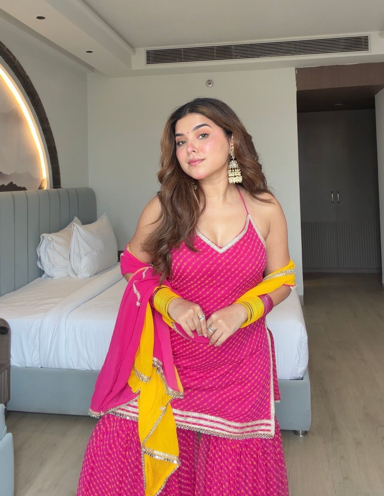 Royal Pink Bandhani Sharara Suit Set | Gulabi Yellow Bandhani Embellished Sharara Suit