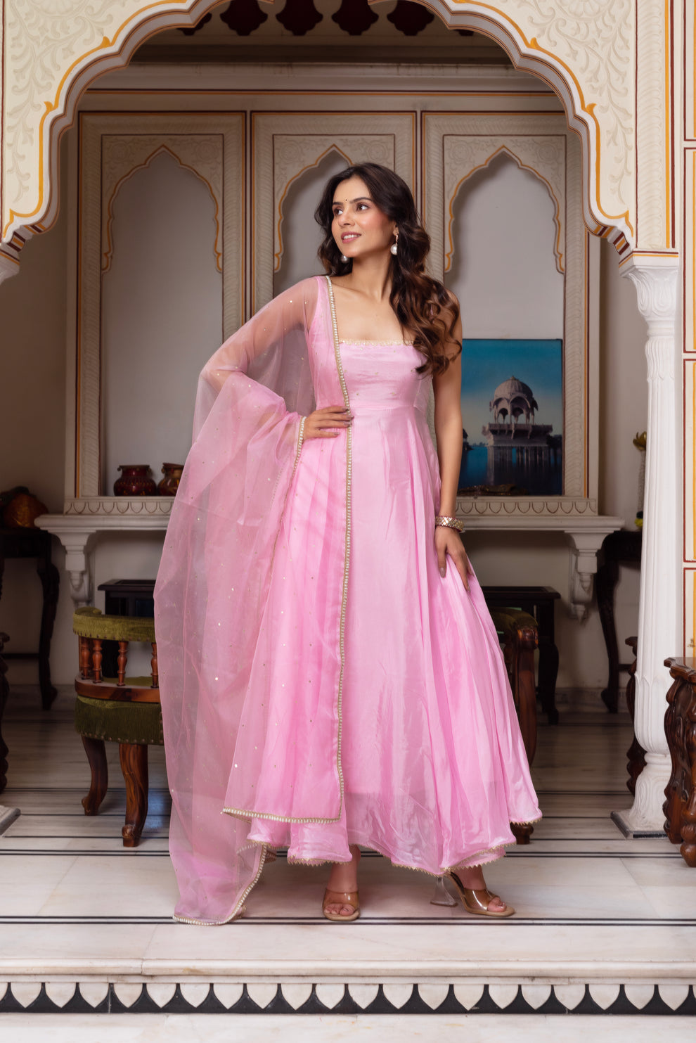 Baby Pink Georgette Anarkali Suit with Sequin Embroidery & Pearl Dupatta | Festive & Wedding Wear