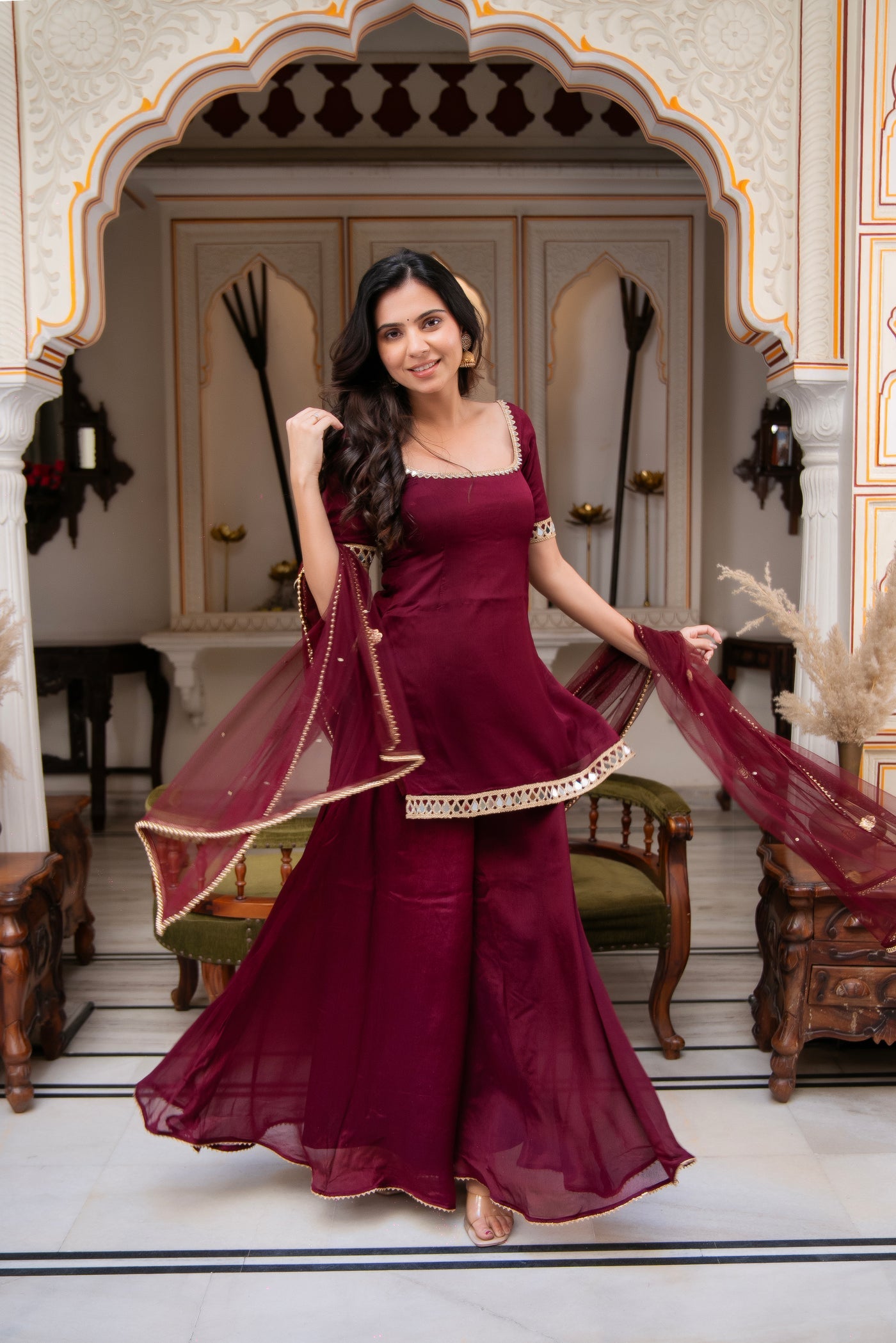 Festive Wear Wine Palazzo Suit set with Dupatta for Women | Designer Wedding & Party Wear Suit Set