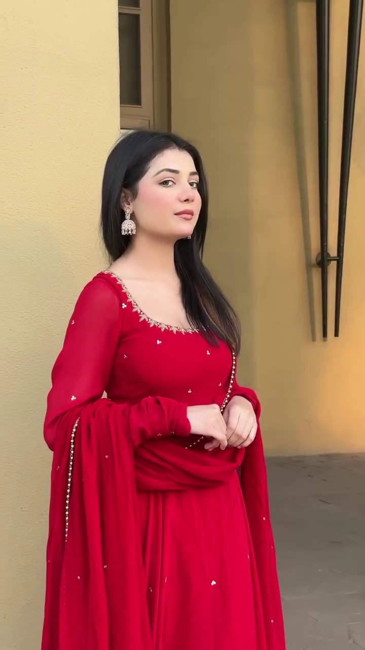 Red Heavy Georgette Handwork Anarakli Suit with Lace Dupatta & Cotton Silk Pants | Party Wear Dress For Women