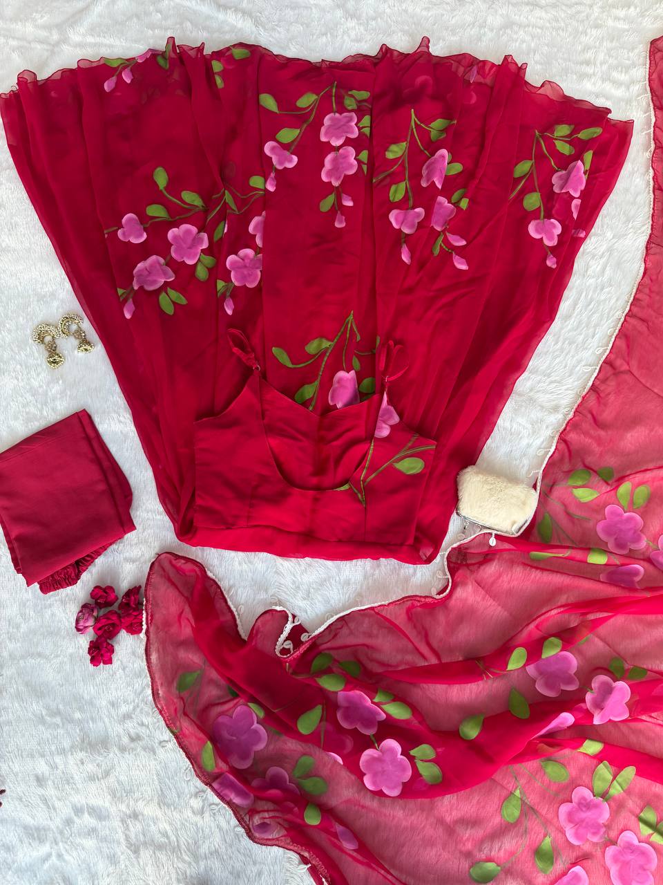 Georgette handprinted Anarkali suit with huge flair  / Ruby Blossom Floral georgette Anarkali Set with Dupatta