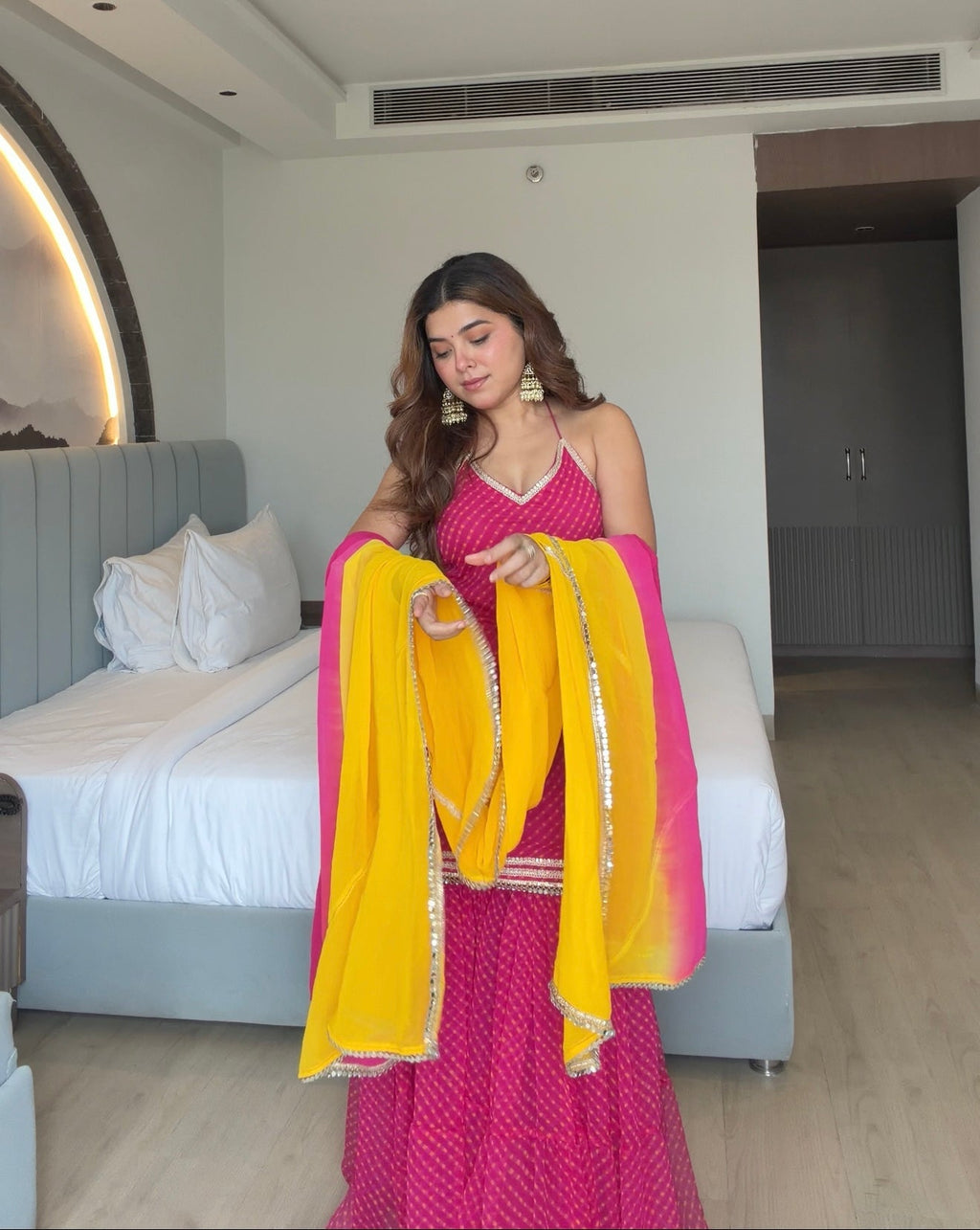 Royal Pink Bandhani Sharara Suit Set | Gulabi Yellow Bandhani Embellished Sharara Suit
