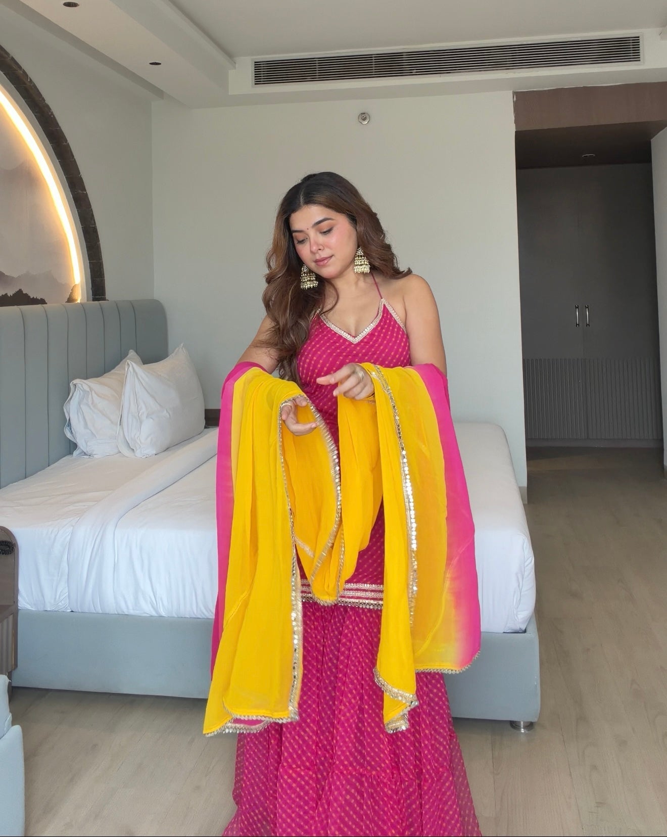 Royal Pink Bandhani Sharara Suit Set | Gulabi Yellow Bandhani Embellished Sharara Suit