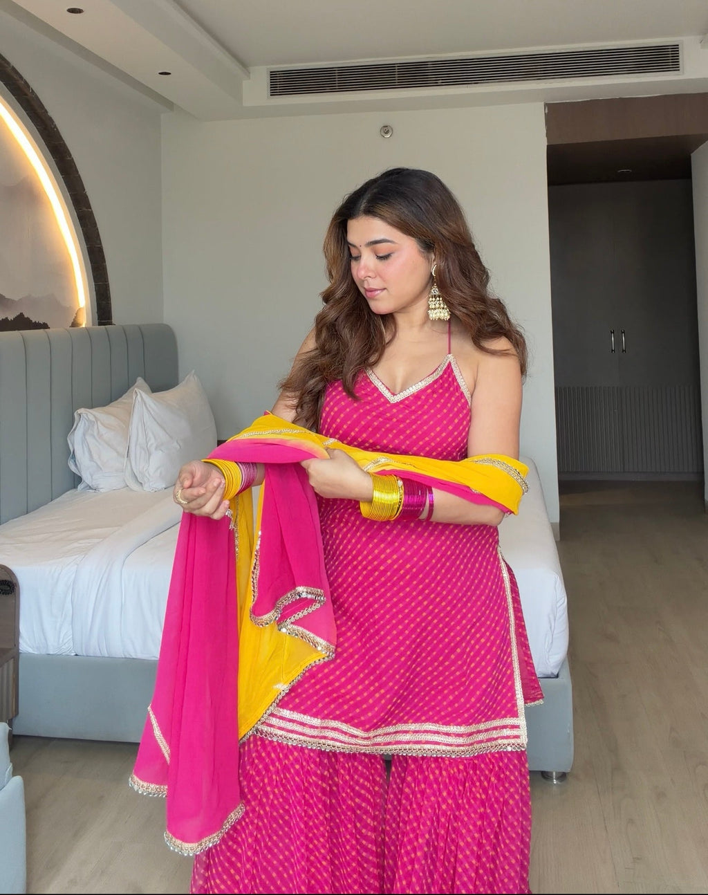 Royal Pink Bandhani Sharara Suit Set | Gulabi Yellow Bandhani Embellished Sharara Suit