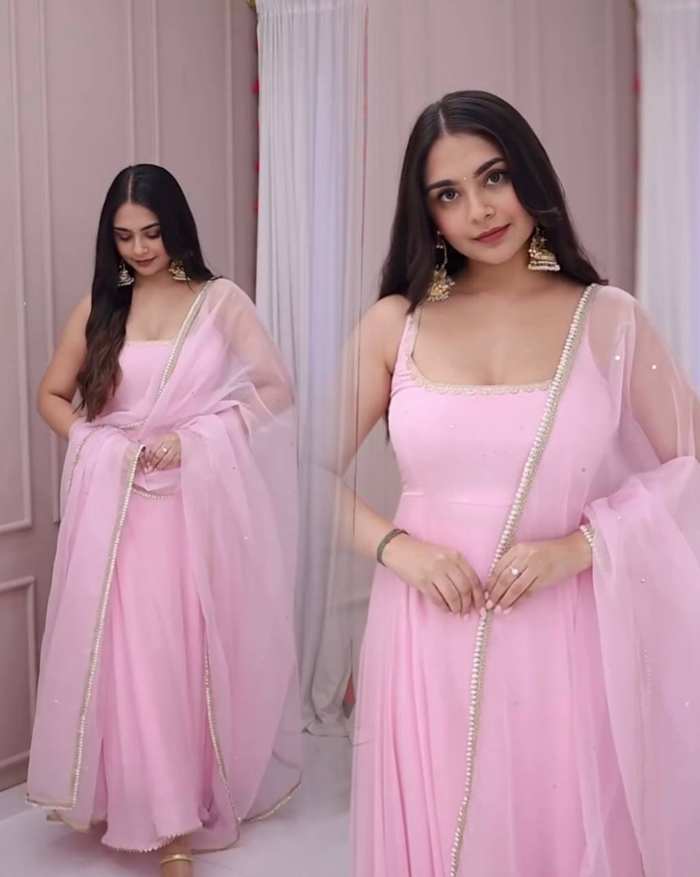 Baby Pink Georgette Anarkali Suit with Sequin Embroidery & Pearl Dupatta | Festive & Wedding Wear