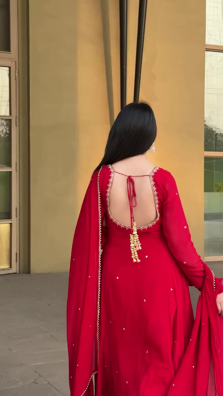 Red Heavy Georgette Handwork Anarakli Suit with Lace Dupatta & Cotton Silk Pants | Party Wear Dress For Women