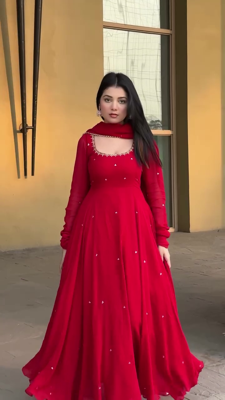 Red Heavy Georgette Handwork Anarakli Suit with Lace Dupatta & Cotton Silk Pants | Party Wear Dress For Women