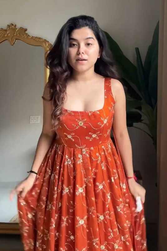 Rust Orange Pure Tissue Silk Anarkali Set with Hand Embroidery