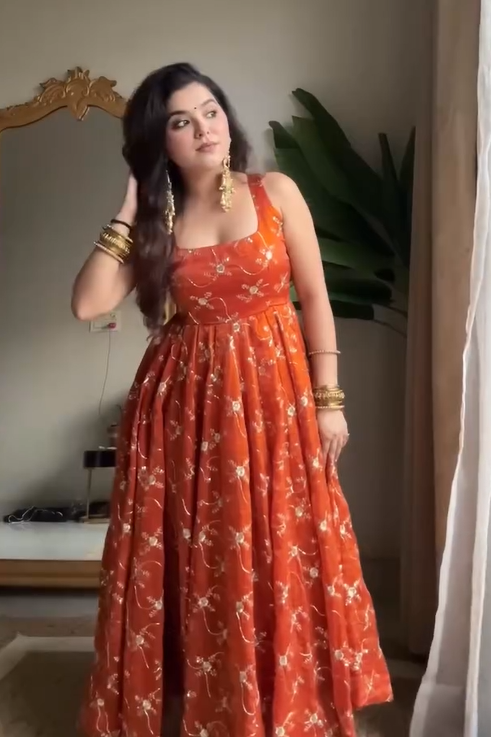 Rust Orange Pure Tissue Silk Anarkali Set with Hand Embroidery