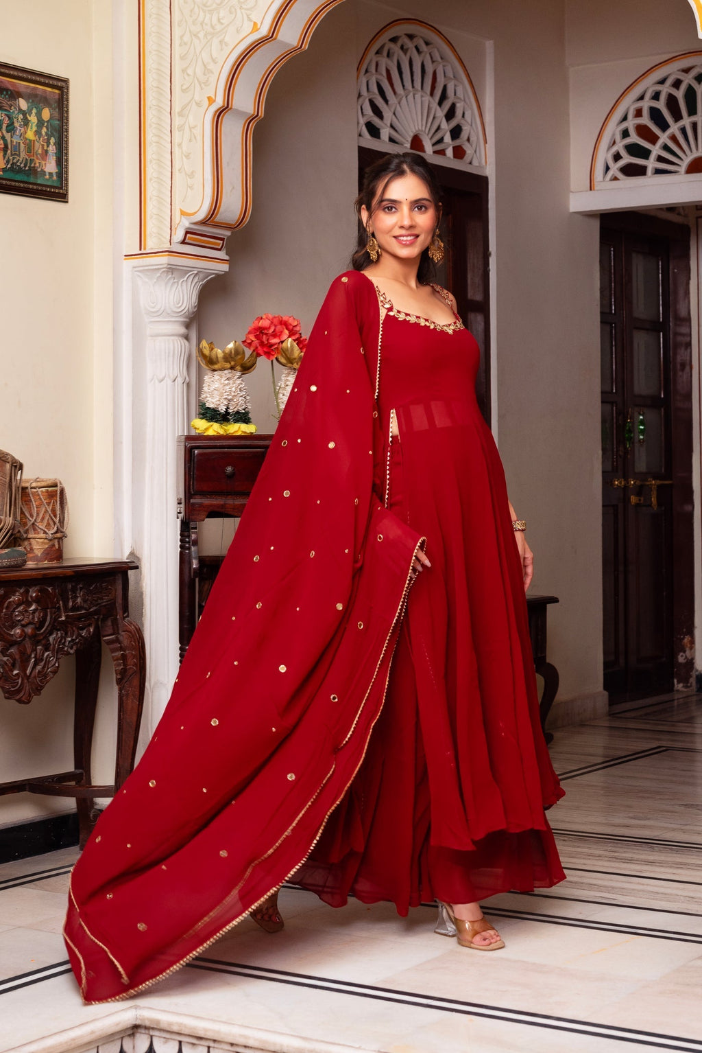 Red Hand Mirror Work Anarkali Set