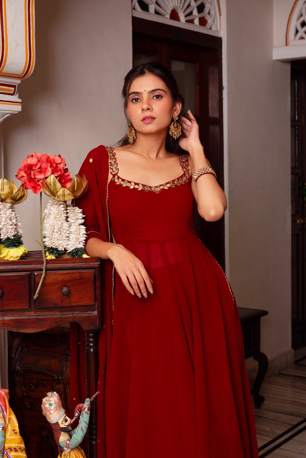 Red Hand Mirror Work Anarkali Set