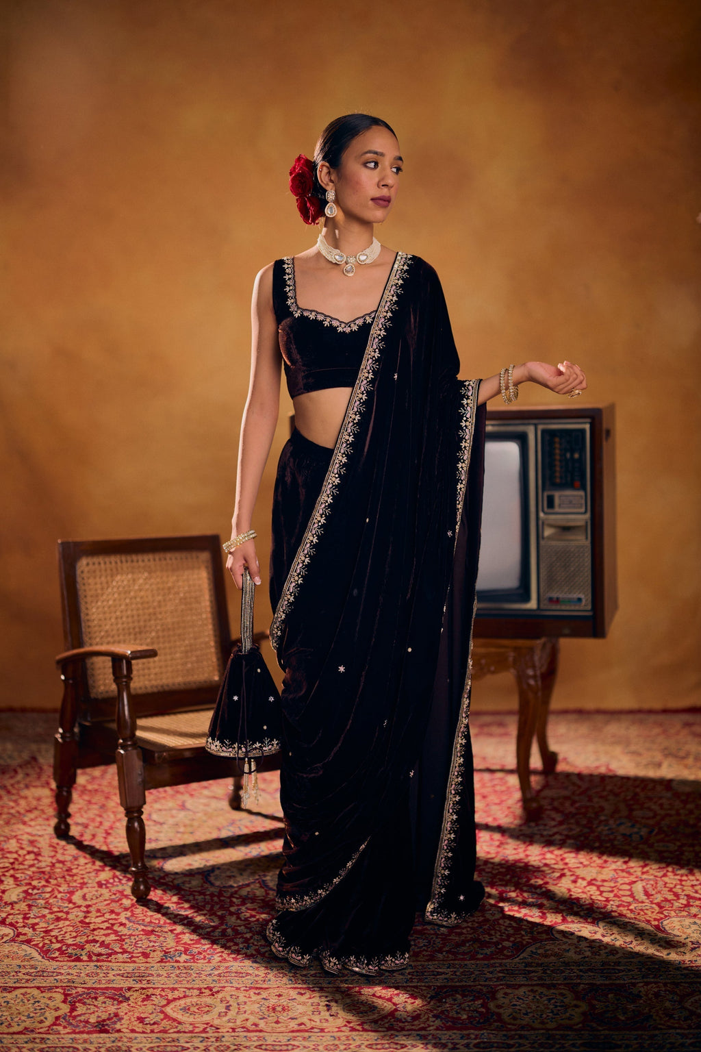 Nusrat Luxury Soft Velvet Saree Set with Zari & Embroidery Work
