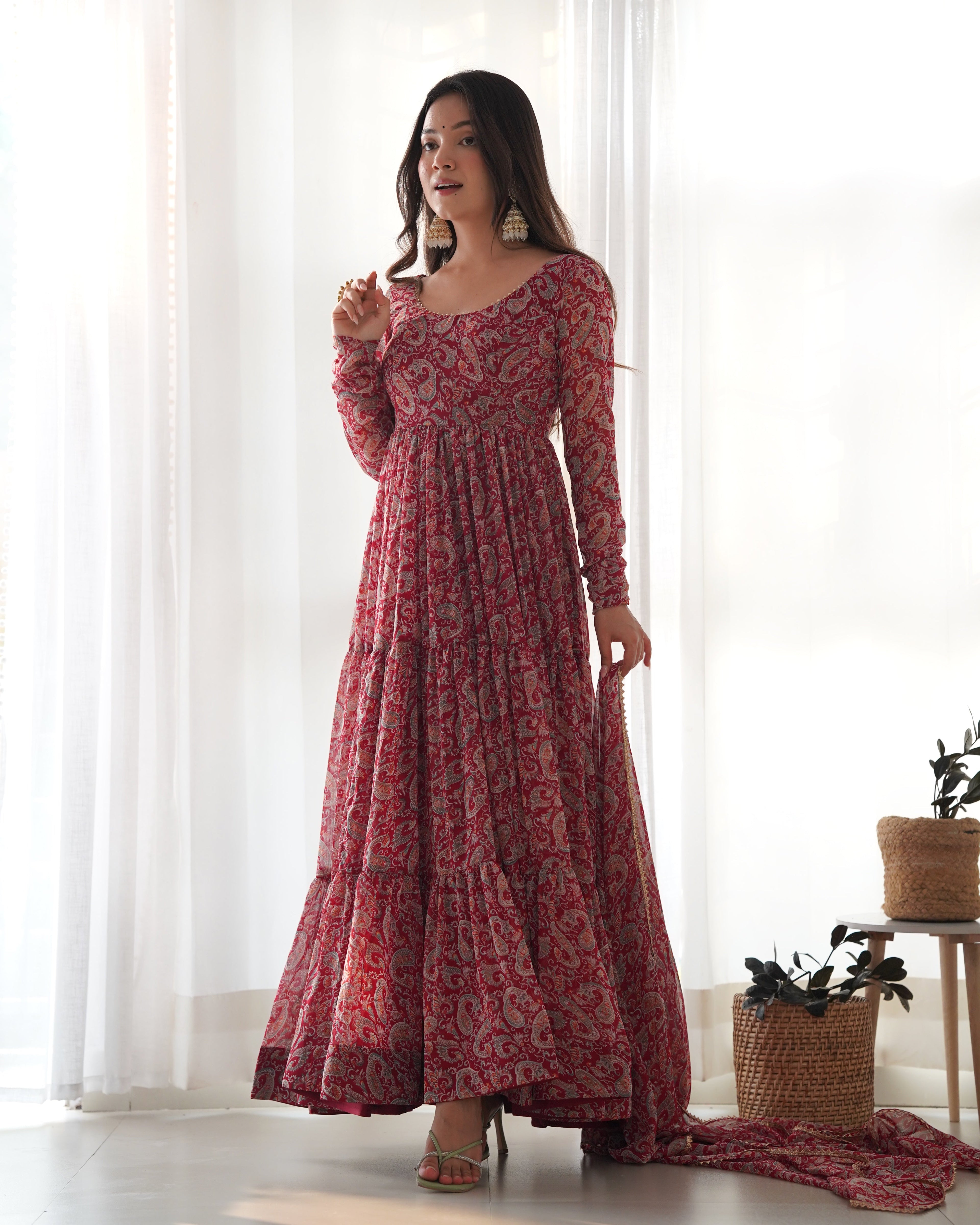 Winsome Faux Georgette Kalamkari Printed Anarkali Pant Suit - INDIAN ELEGANCE