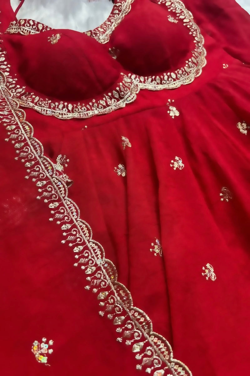Red Chilli Slit Anarkali Premium Suit Set For Festive & Party Wear