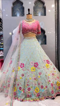 Premium Real Mirror Work Lehenga Choli with Pink Embroidered Blouse & Butterfly Net Dupatta