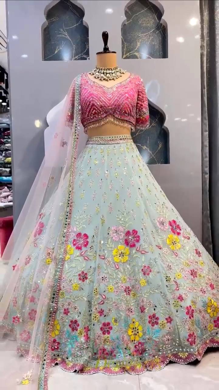 Premium Real Mirror Work Lehenga Choli with Pink Embroidered Blouse & Butterfly Net Dupatta