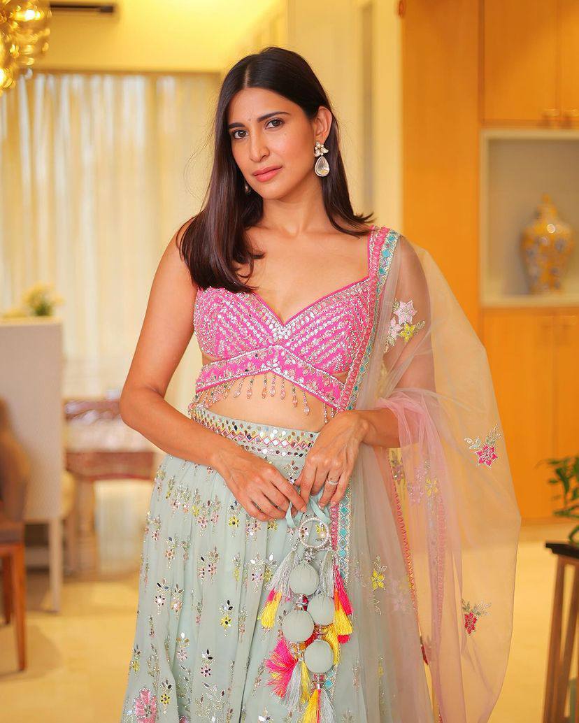 Premium Real Mirror Work Lehenga Choli with Pink Embroidered Blouse & Butterfly Net Dupatta