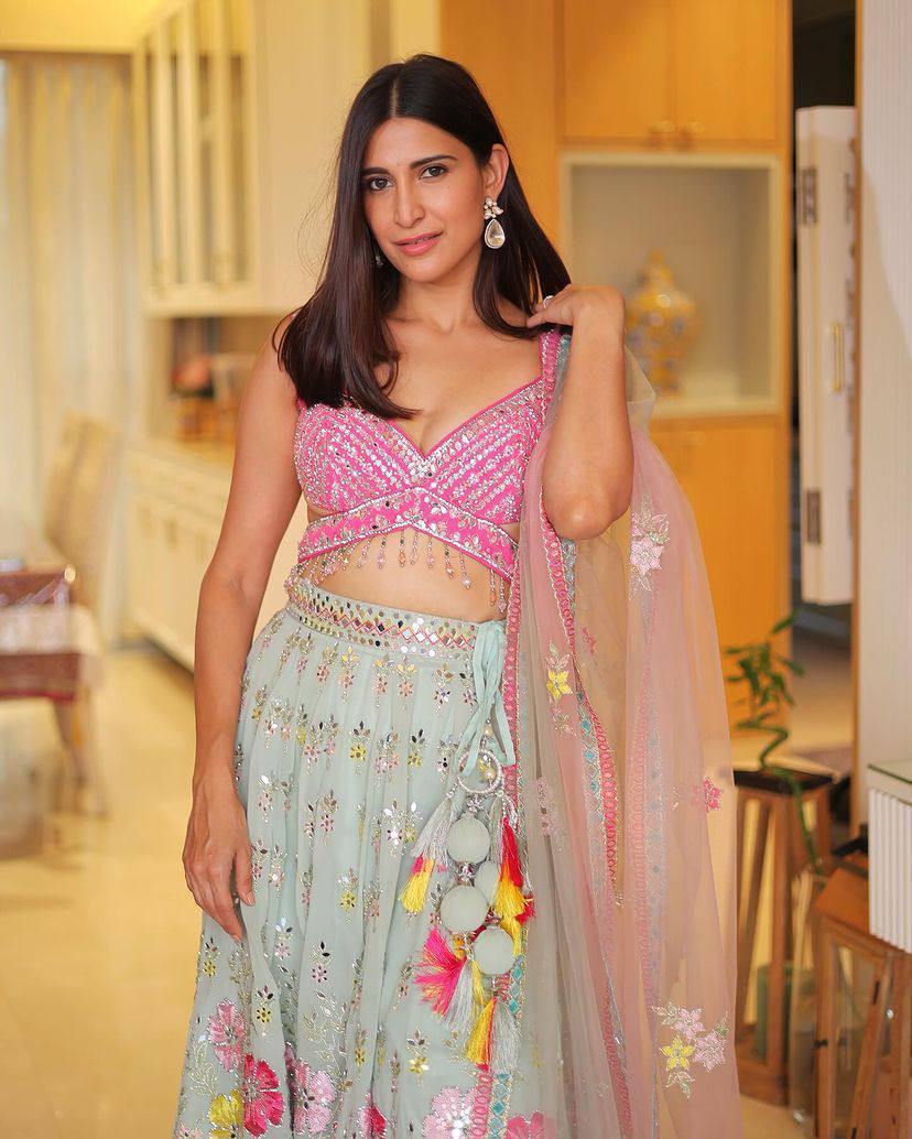 Premium Real Mirror Work Lehenga Choli with Pink Embroidered Blouse & Butterfly Net Dupatta