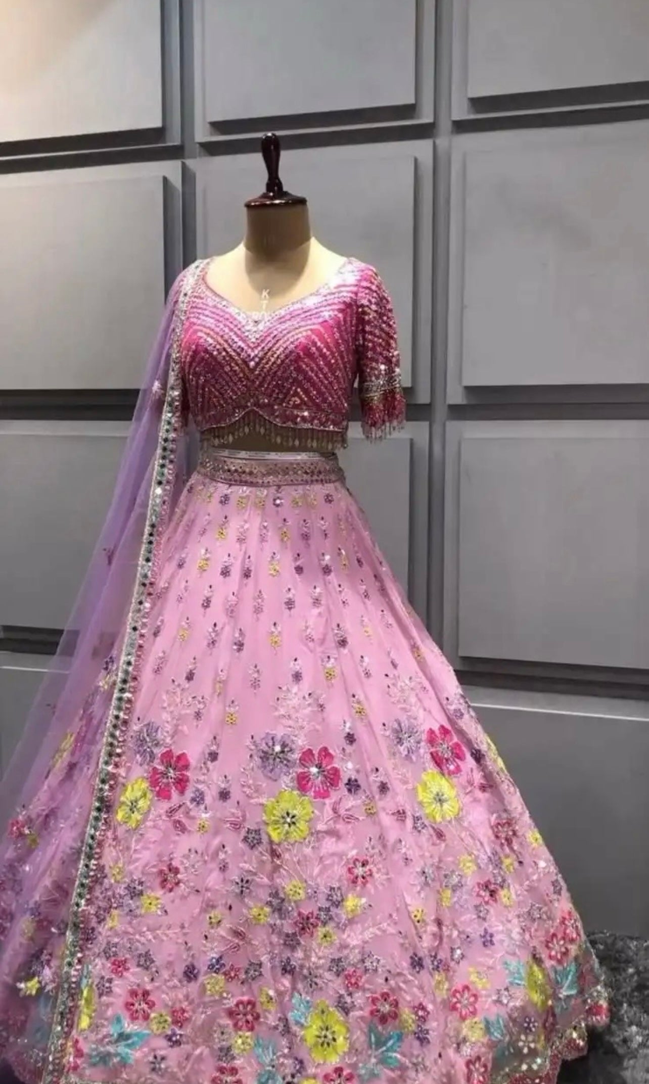 Premium Real Mirror Work Lehenga Choli with Pink Embroidered Blouse & Butterfly Net Dupatta