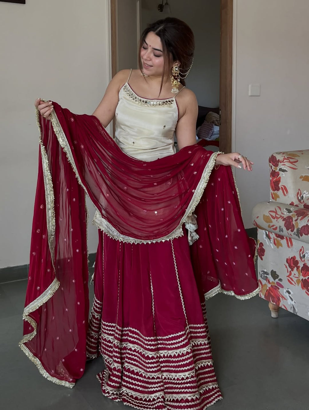 Ivory Maroon Top Bottom Dupatta Suit Set for Women | Wedding & Festive Wear Designer Set