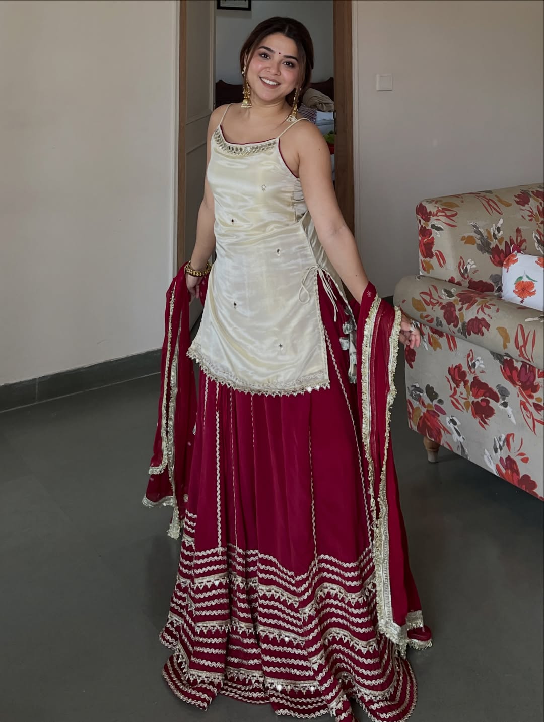 Ivory Maroon Top Bottom Dupatta Suit Set for Women | Wedding & Festive Wear Designer Set