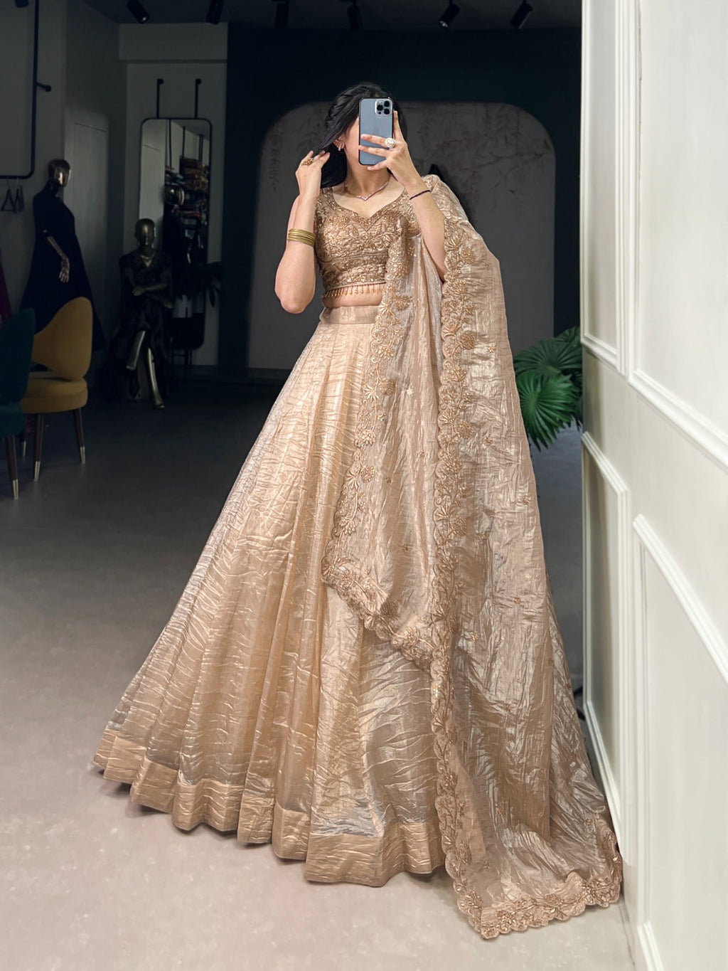 Attractive Chikoo Gold Crush Sequins Thread Worked Lehenga Choli - ETHNICDEAL