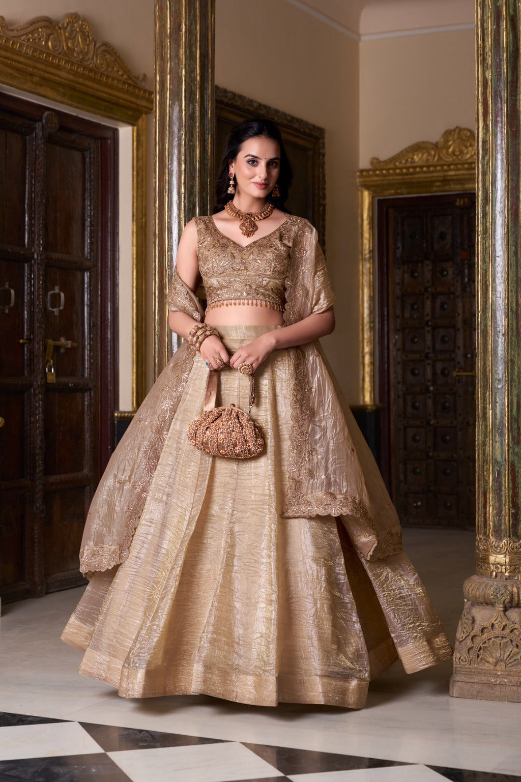 Attractive Chikoo Gold Crush Sequins Thread Worked Lehenga Choli - ETHNICDEAL