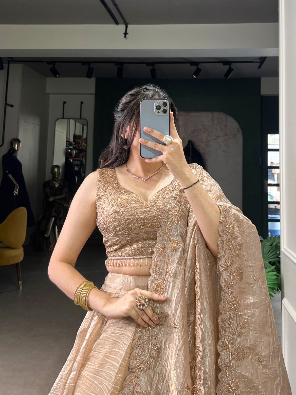 Attractive Chikoo Gold Crush Sequins Thread Worked Lehenga Choli - ETHNICDEAL