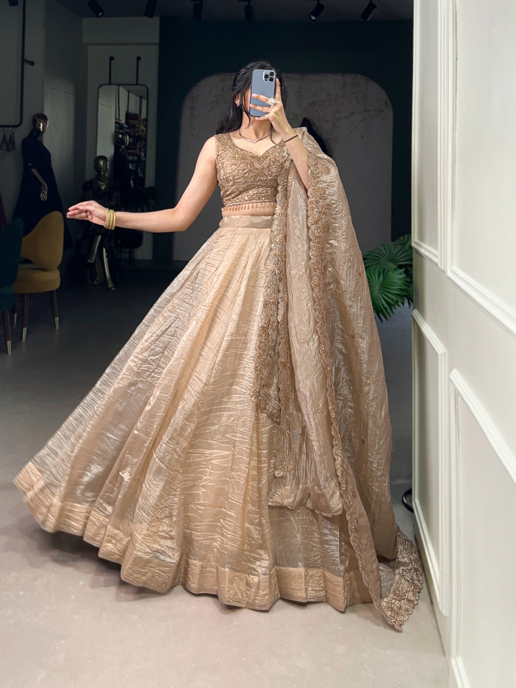 Attractive Chikoo Gold Crush Sequins Thread Worked Lehenga Choli - ETHNICDEAL