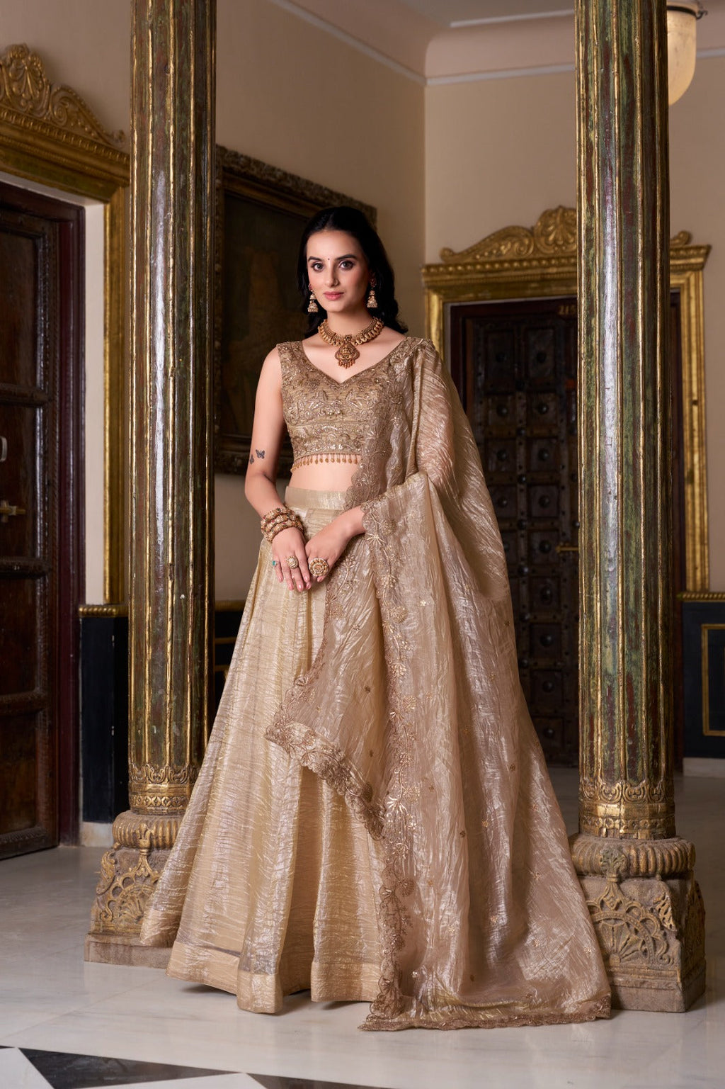 Attractive Chikoo Gold Crush Sequins Thread Worked Lehenga Choli - ETHNICDEAL