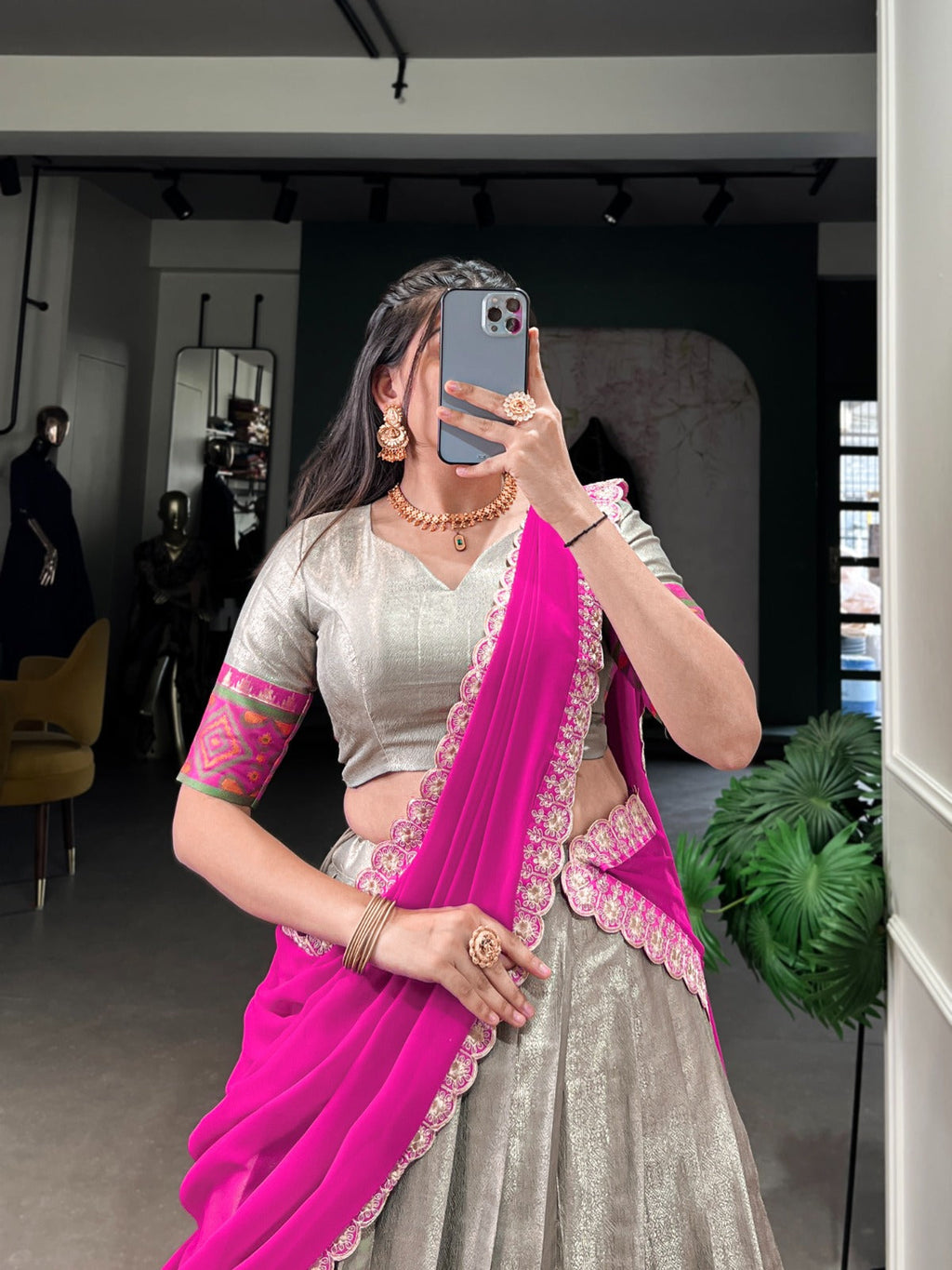 Gray Jacquard Silk Weaving Worked Lehenga Choli Set - ETHNICDEAL