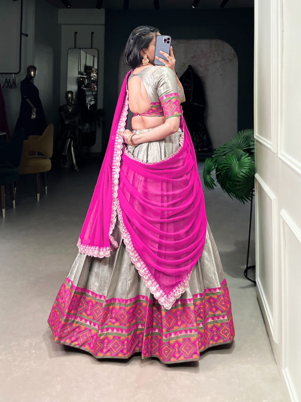 Gray Jacquard Silk Weaving Worked Lehenga Choli Set - ETHNICDEAL